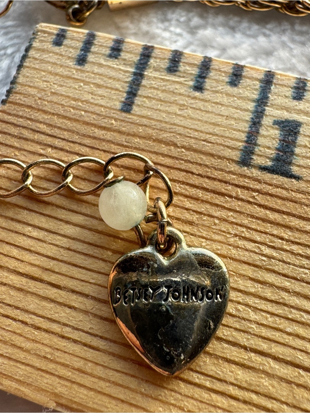 Betsey Johnson Gold Heart Charm Bracelet with Pearl Bead